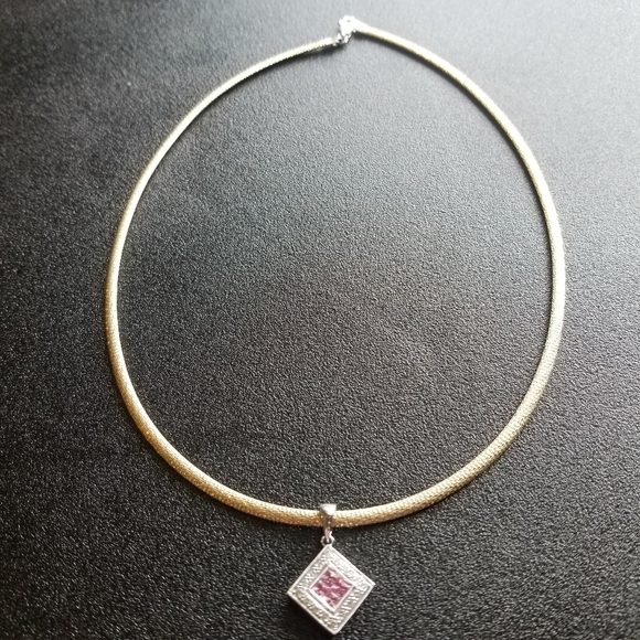 Yellow/White 14k Reversible Omega Chain with Diamond and Pink Sapphire Pendent - Picture 7 of 10